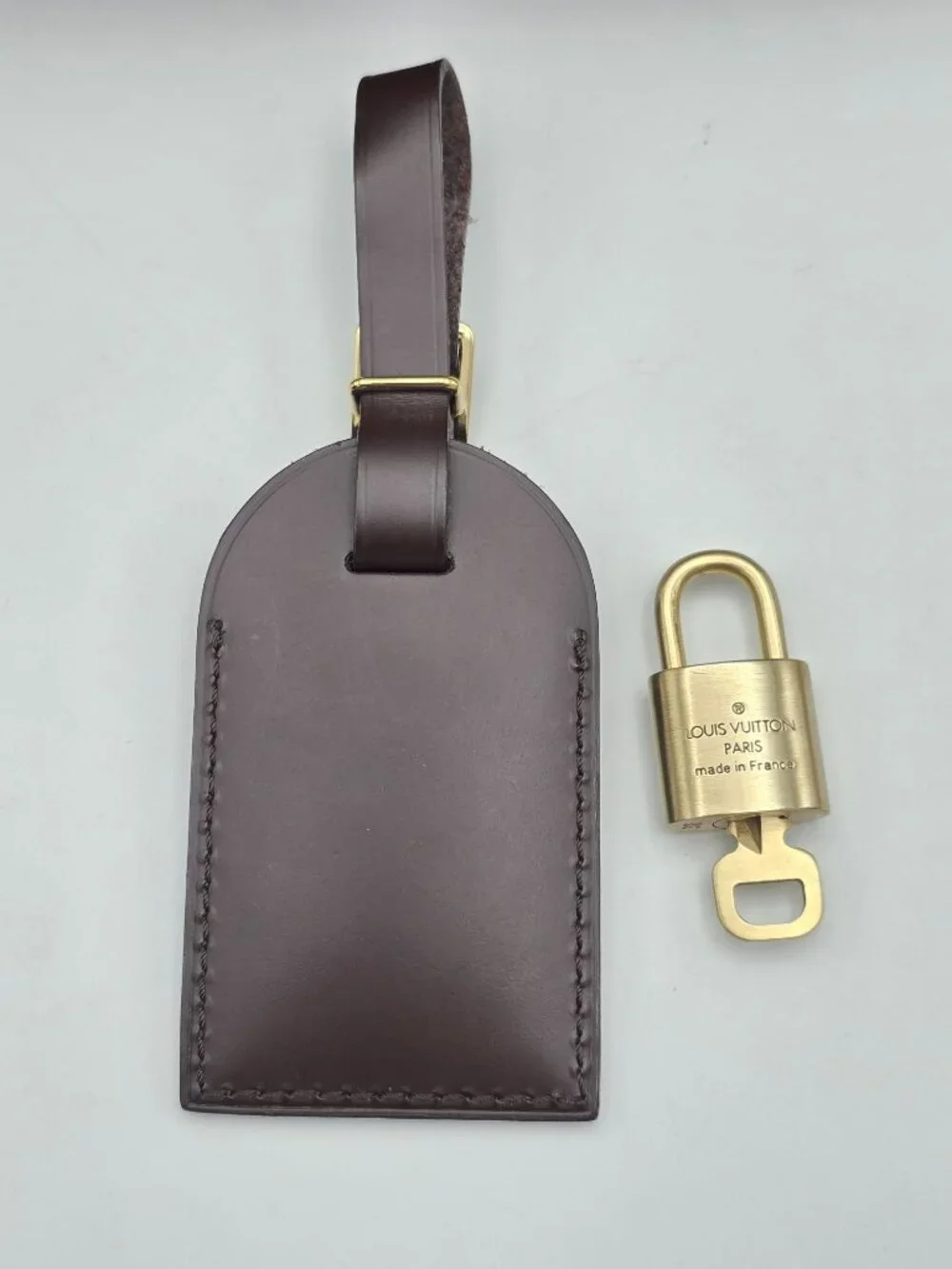 Authentic Louis Vuitton Brown Luggage Tag & Gold Padlock with Key-Made in France